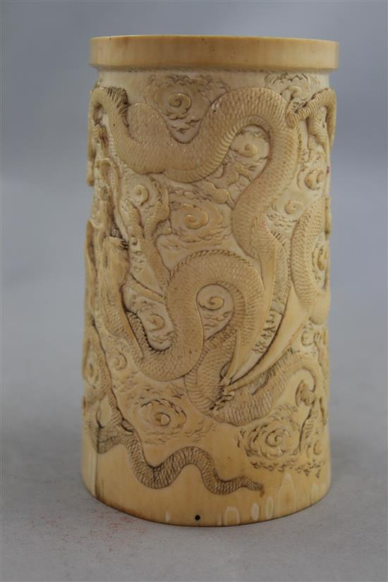 A Japanese ivory dragon tusk vase, Meiji period, 14.7cm